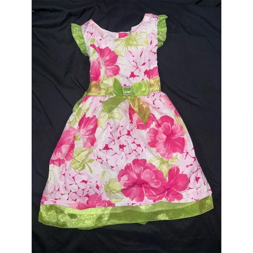 Emma's Garden Girls Floral Fit & Flare Party Dress Pink Green Size 4T oks money